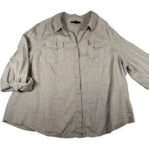 Style & Co Woman 20W Tan 100% Linen Button Down Shirt Long Sleeve Safari Top